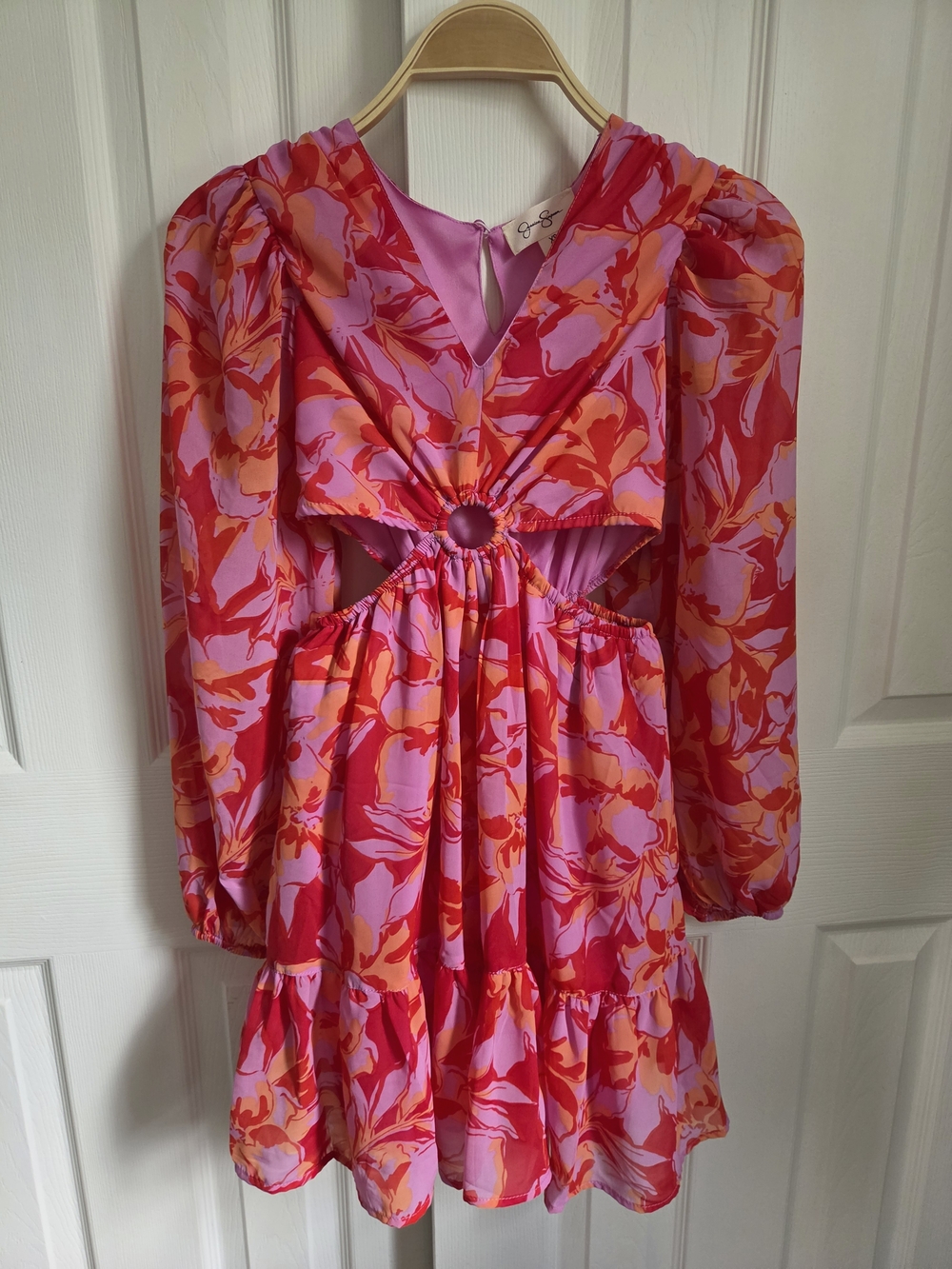 Jessica Simpson V-neck Floral Cut Out Mini Dress Pink Orange Balloon Sleeve, XS